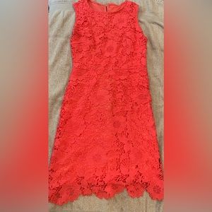Floral Lace patterned, fully lined dress. Dark coral color.